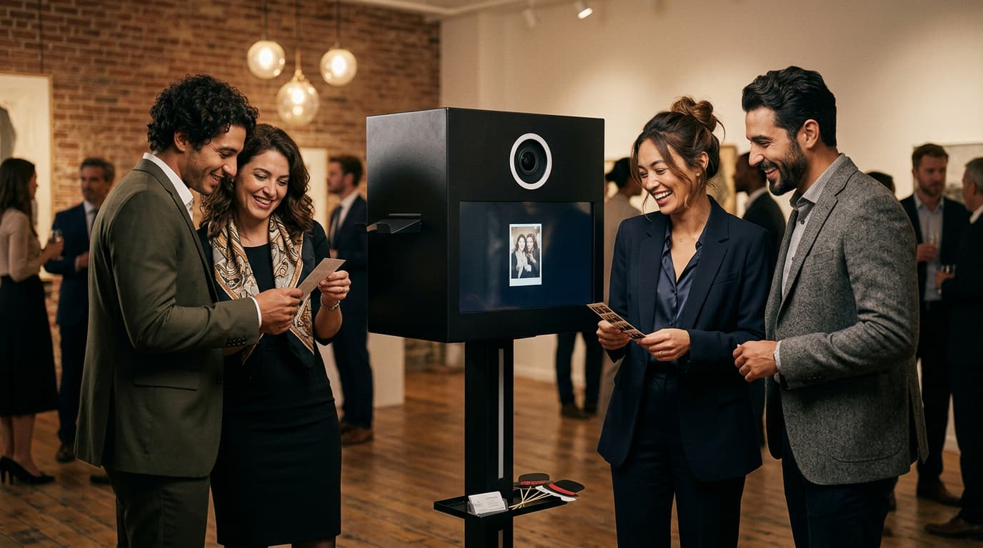 Invités souriants devant la borne photo PicPop lors d'un événement